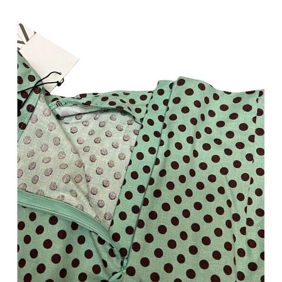 Zara Linen Polka Dot Skirt Midi Slit Ruched Brown Mini Pin Up Summer Rockabilly - Picture 6 of 10